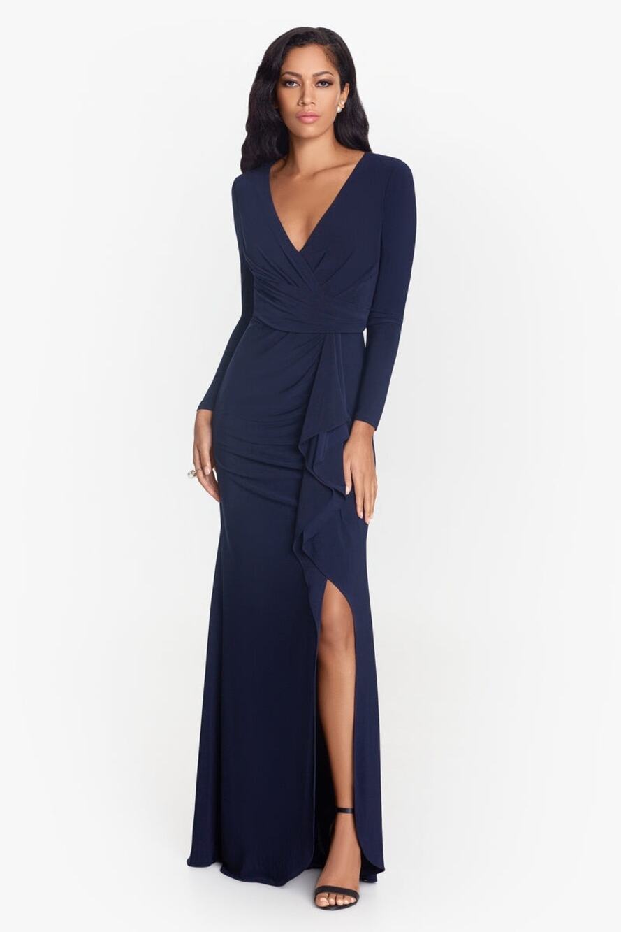 Betsy & Adam "Elle" Long Sleeve Side Ruffled High Slit V-neck Gown Size 10